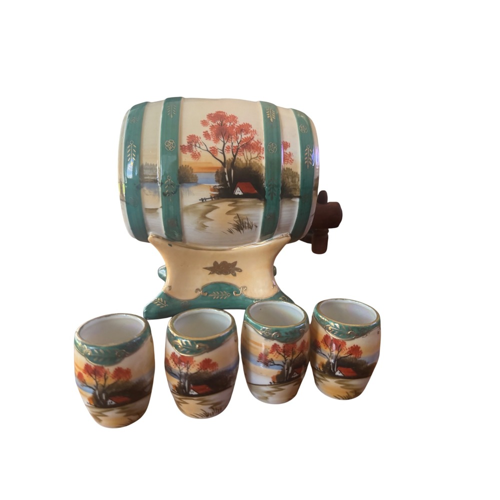 Vintage Hand Painted Japan Japanese Ceramic Sake Barrel Decanter Set with 4 Cups